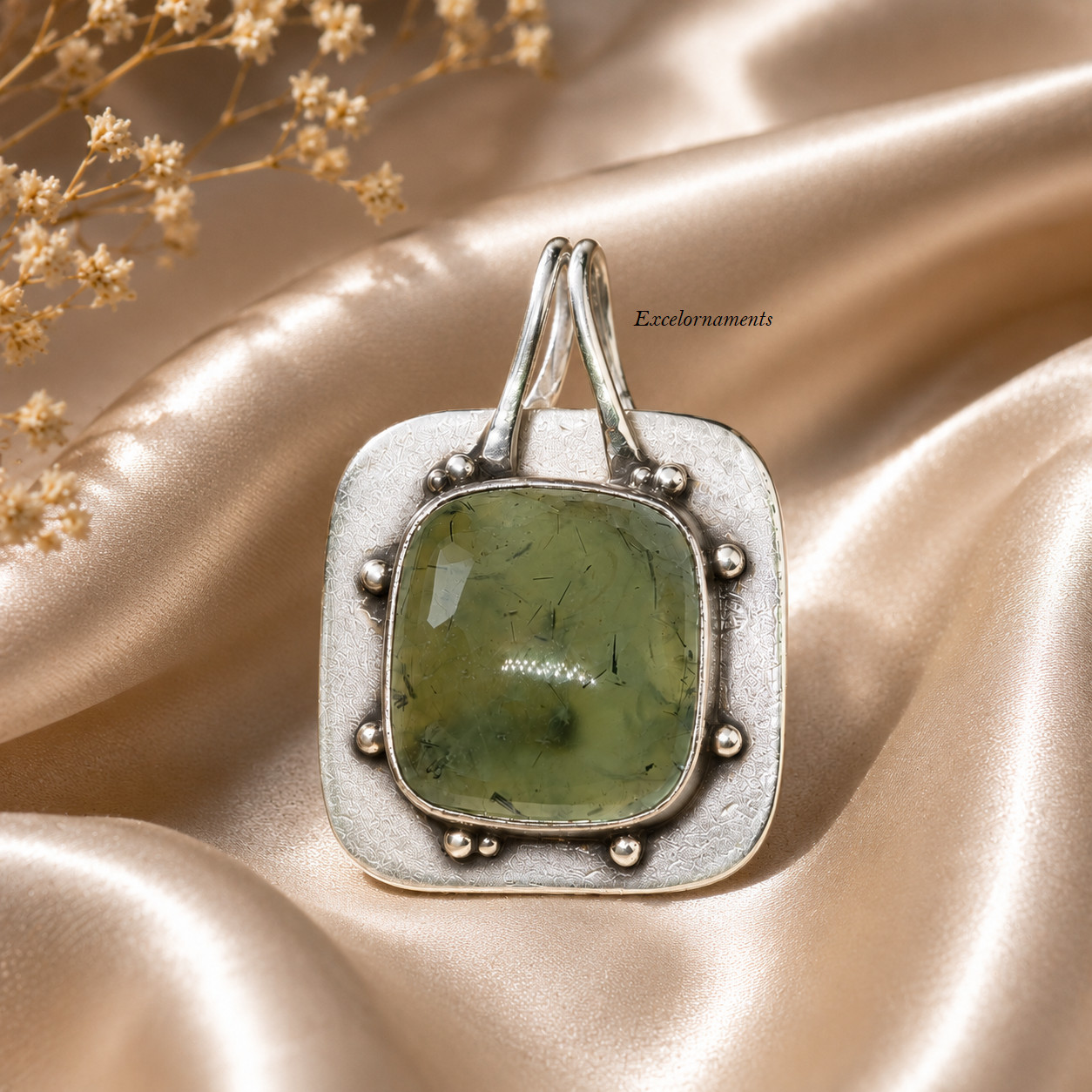 Prehnite Square Gemstone Pendant 925 Sterling Silver Unique Lovely Pendant RK*