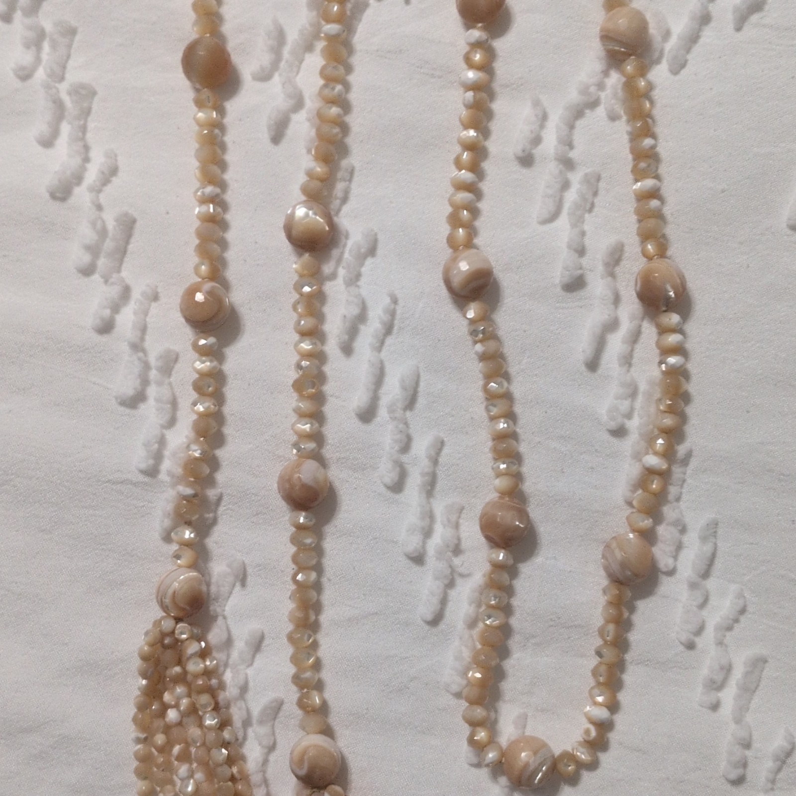 Beige Beaded Strand Tassel Necklace, Adjustable Bohemian Ball/Bead Chain