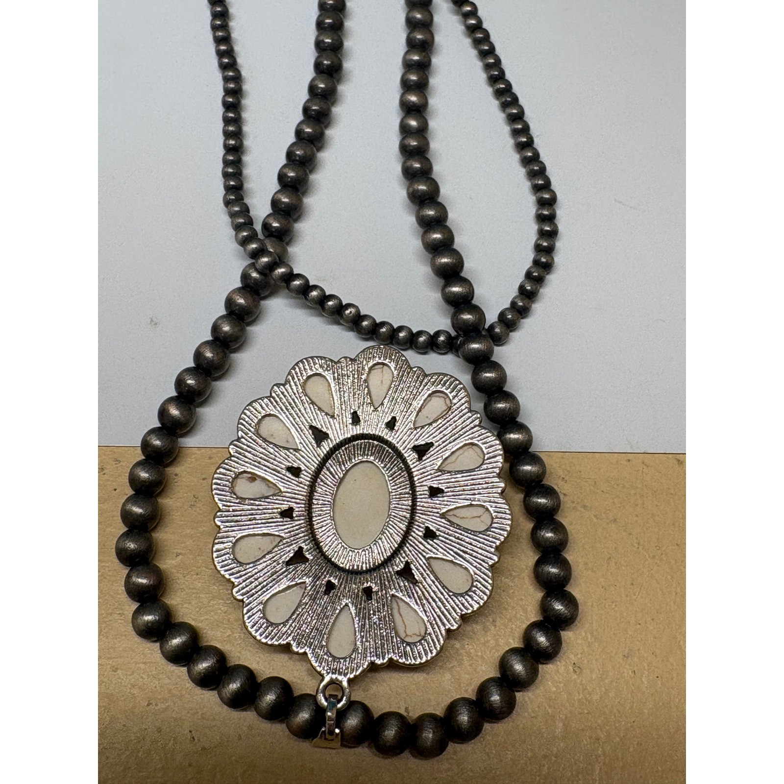 Western Faux White Turquoise Sunflower Layered Beaded Necklace Silver Tone
