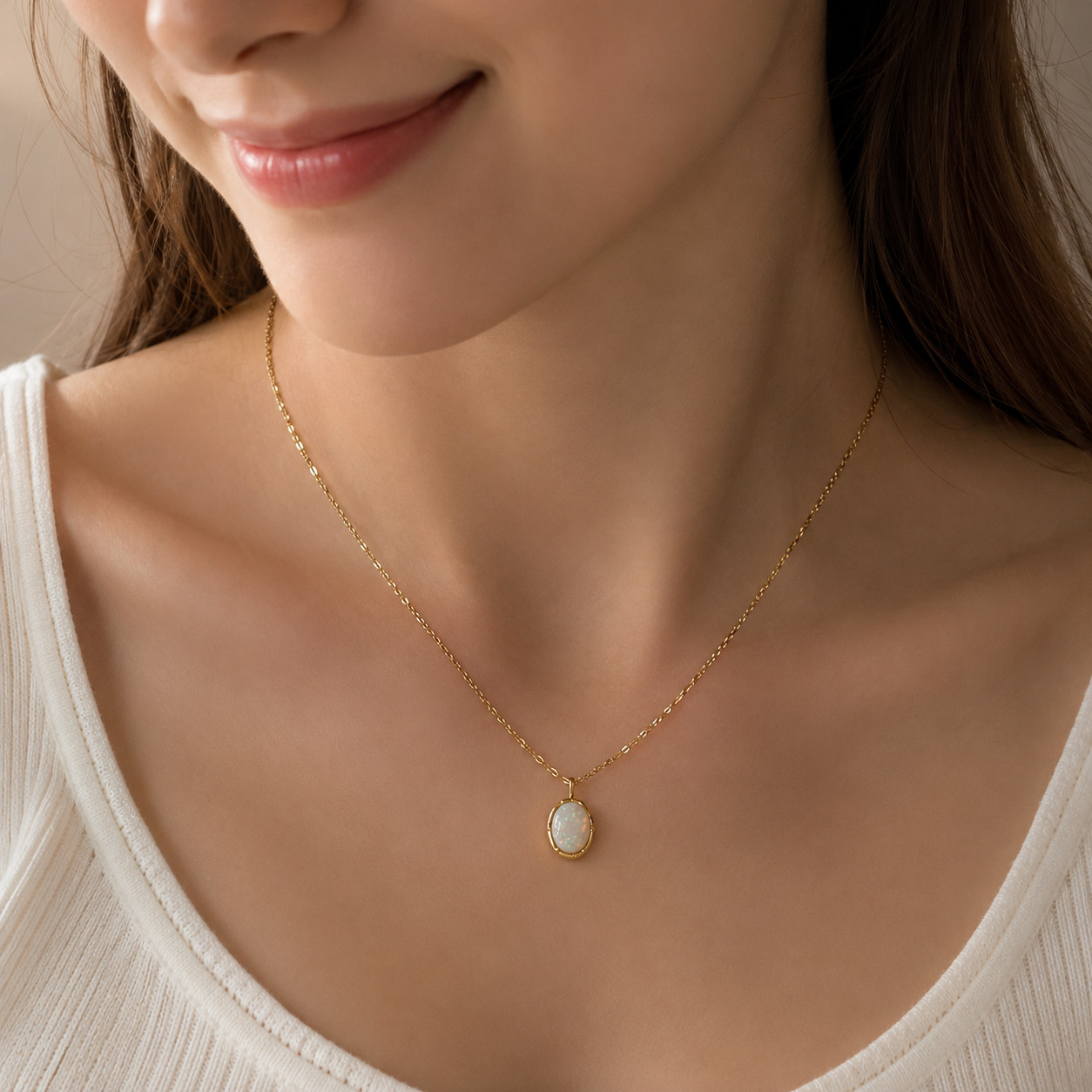 Iridescent Opal Pendant Necklace Gold Silver Tone Stainless Steel 40+5cm