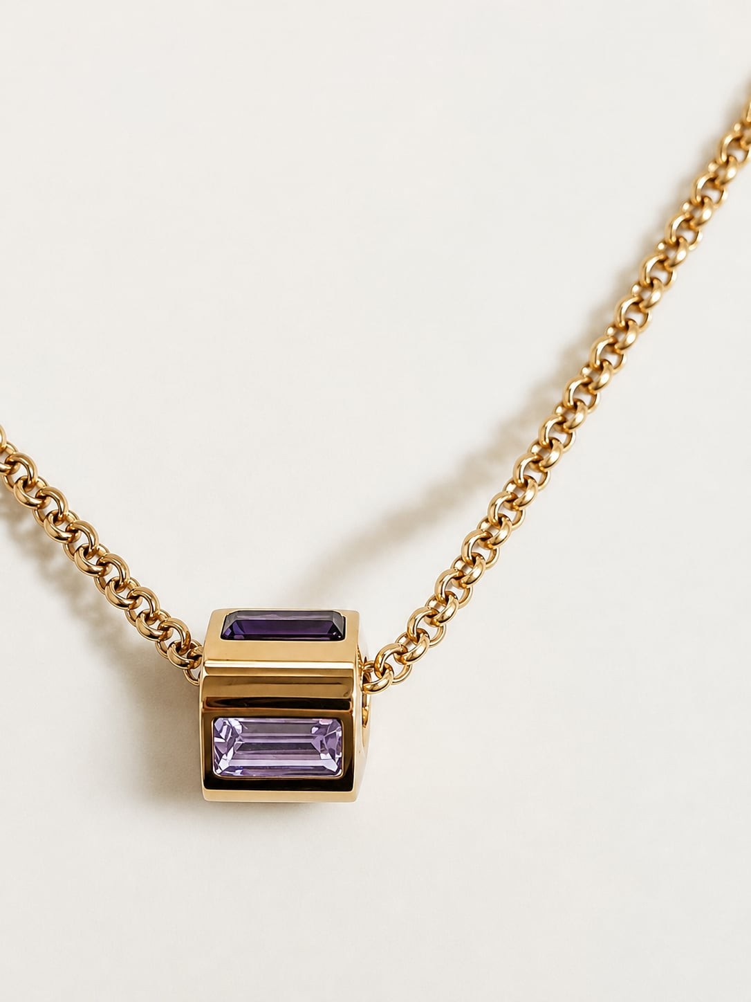 Gold Tone Geometric Cube Necklace | Multi-Color Baguette Crystals | Purple, Gree