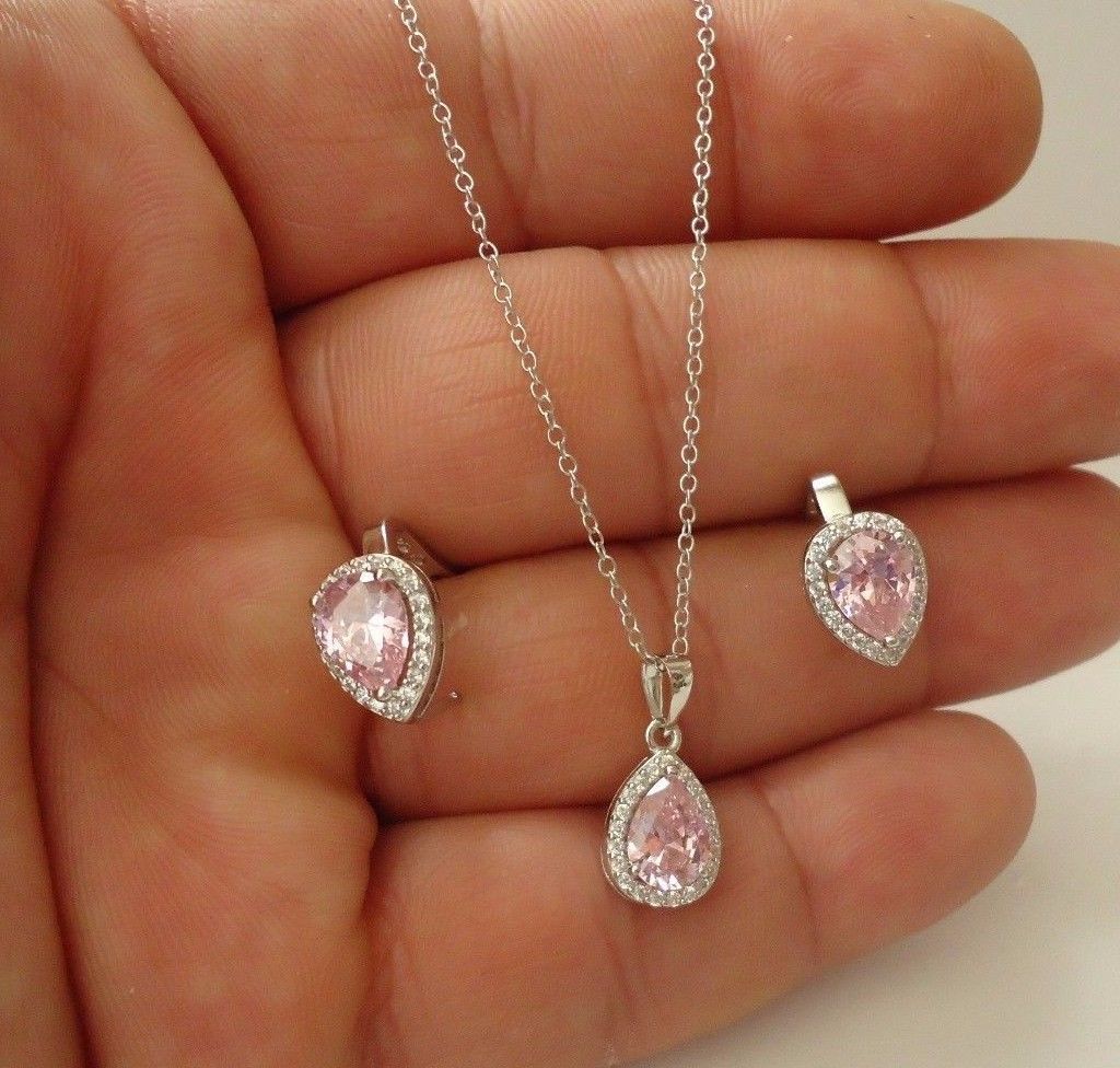 7.20 CT PINK / WHITE LAB SIMULANT DIAMOND PENDANT & EARRING SET STERLING SILVER