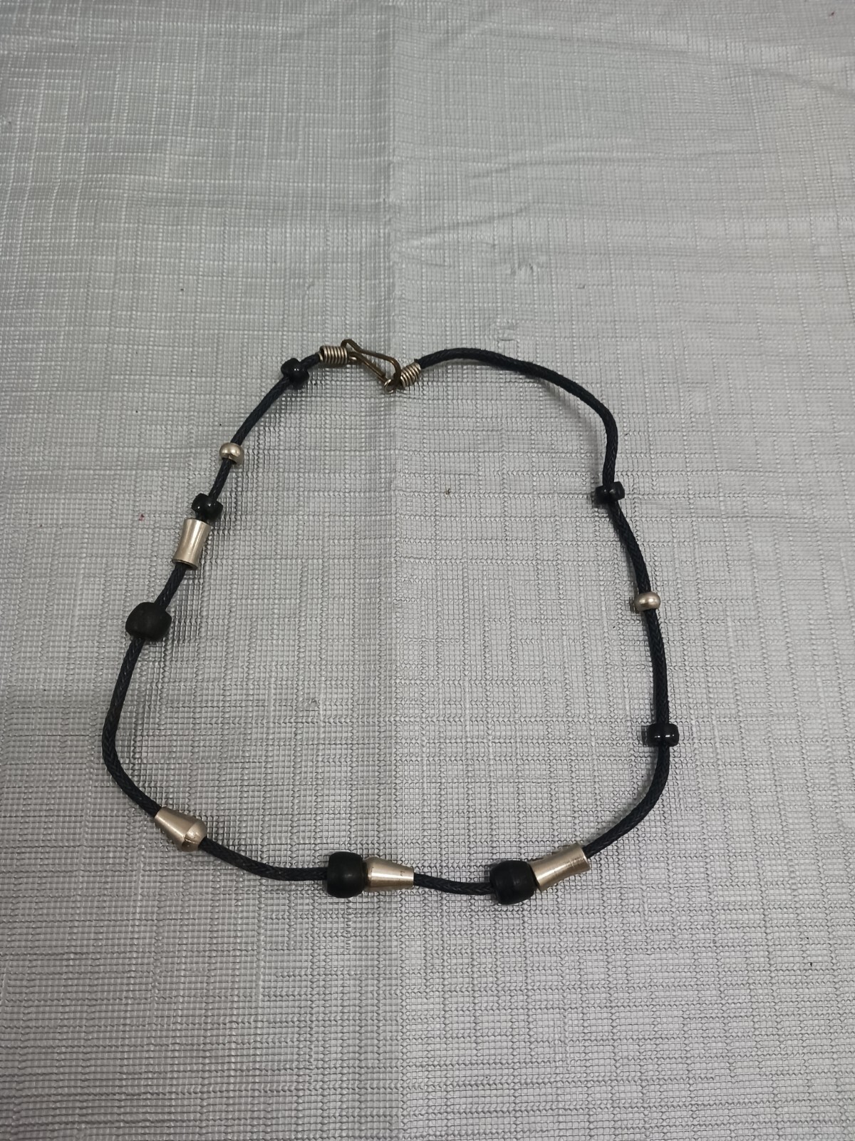 Necklace With Black Leather Cord Black & Silver Beades