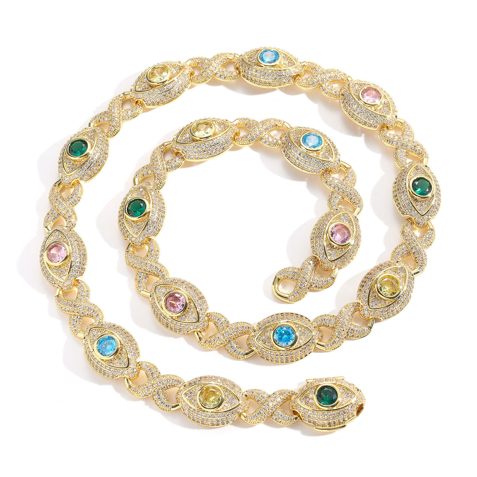 Hip Hop Colorful Eye Cuban Chain Necklace Bracelets 5A Zircon Mens Jewelry