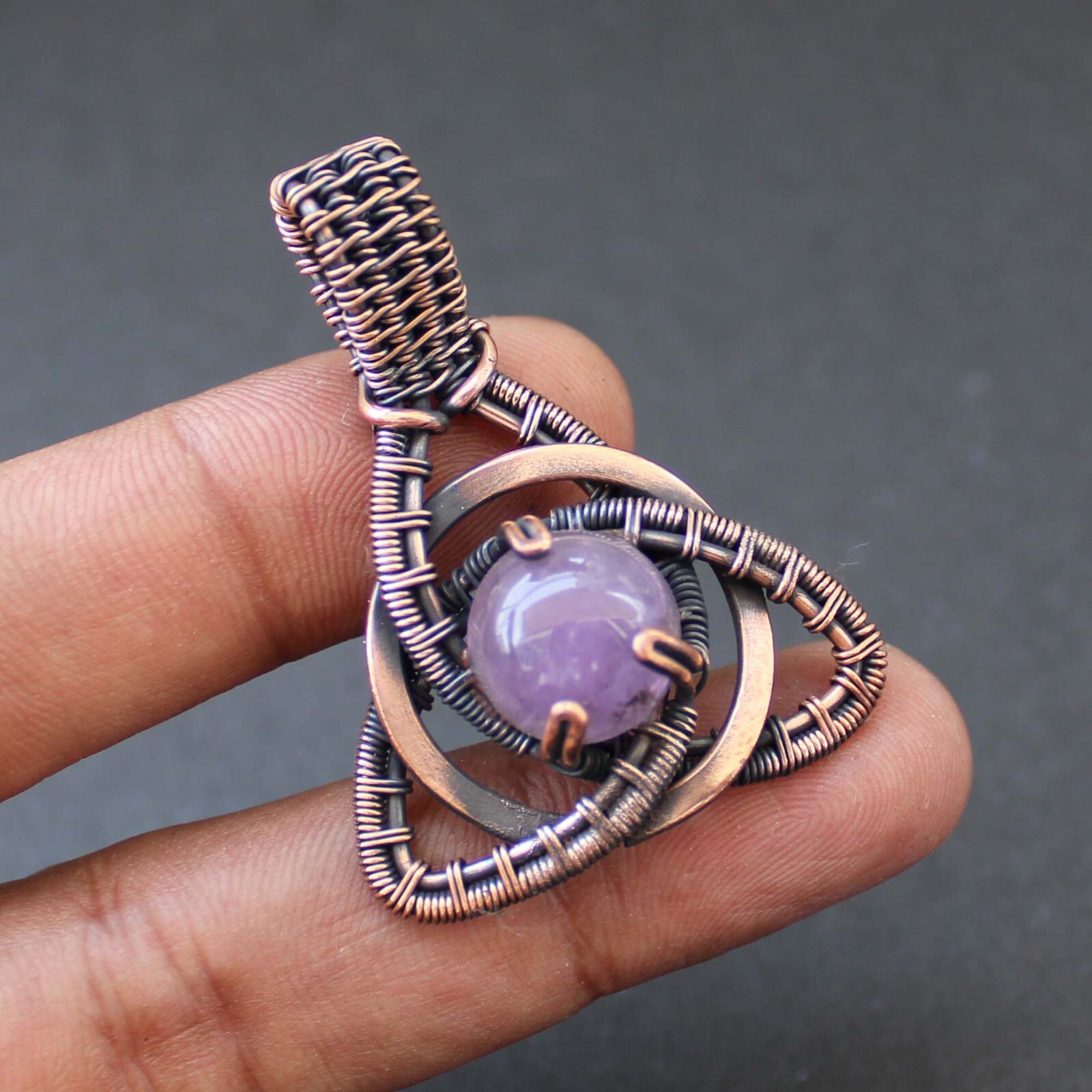 Amethyst Triquetra Circle Copper Wire Wrapped Pendant Celtic Knot Star Pendant