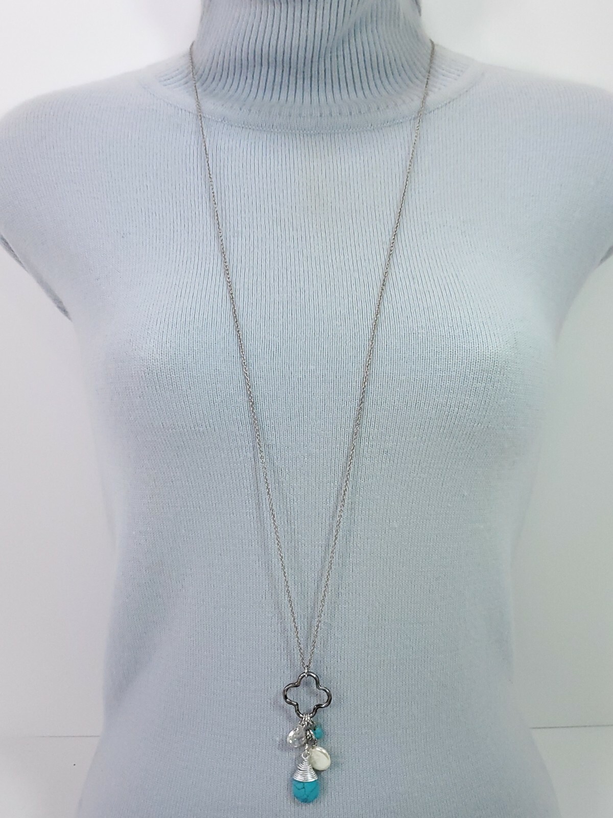 N0239 Worn Silver Tone Clover Shape Pendant Charms Long Necklace Bohemian Style