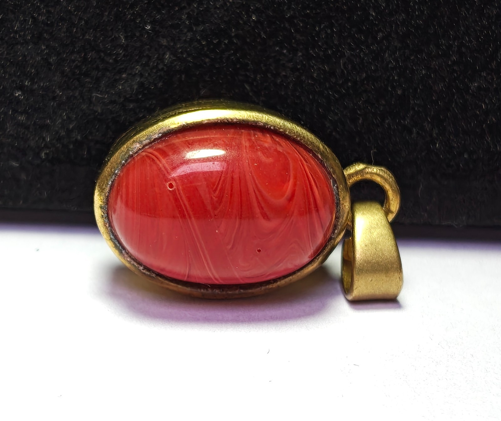 Oval Red Coral Swirl Cabochon Pendant in Brushed Gold Bezel Jewelry for Unisex