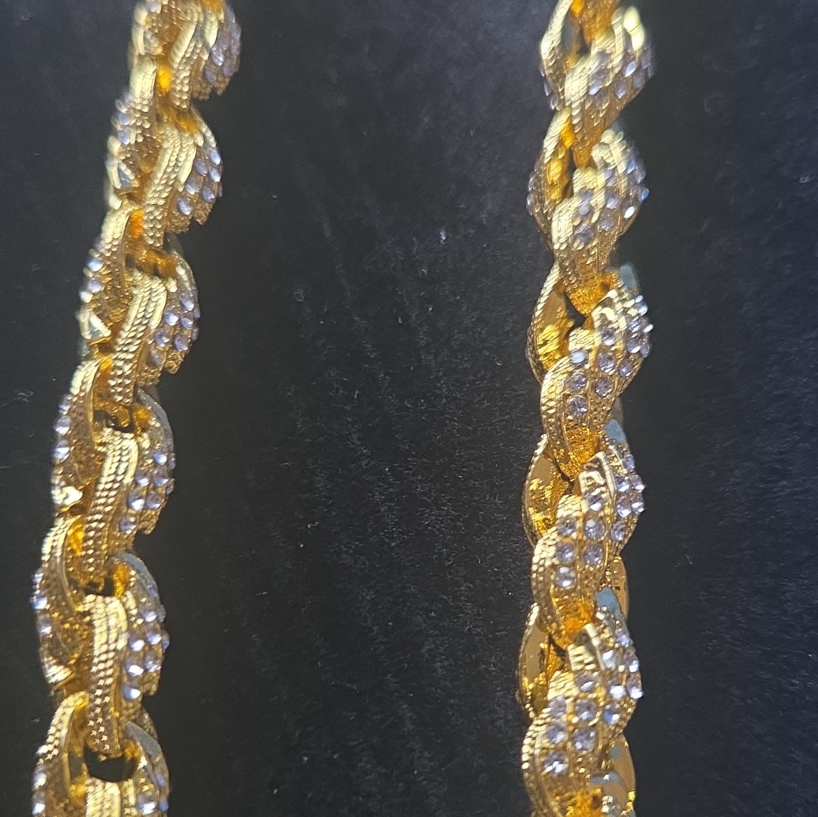 Gold Tone Rope Chain Necklace Clear Stones Rhinestones Lobster Clasp