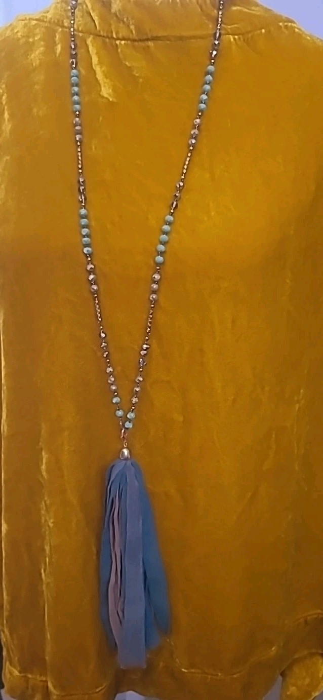 Versona Aqua/brown/taupe Beads W Fringe Tassel Aqua And Brown 36″