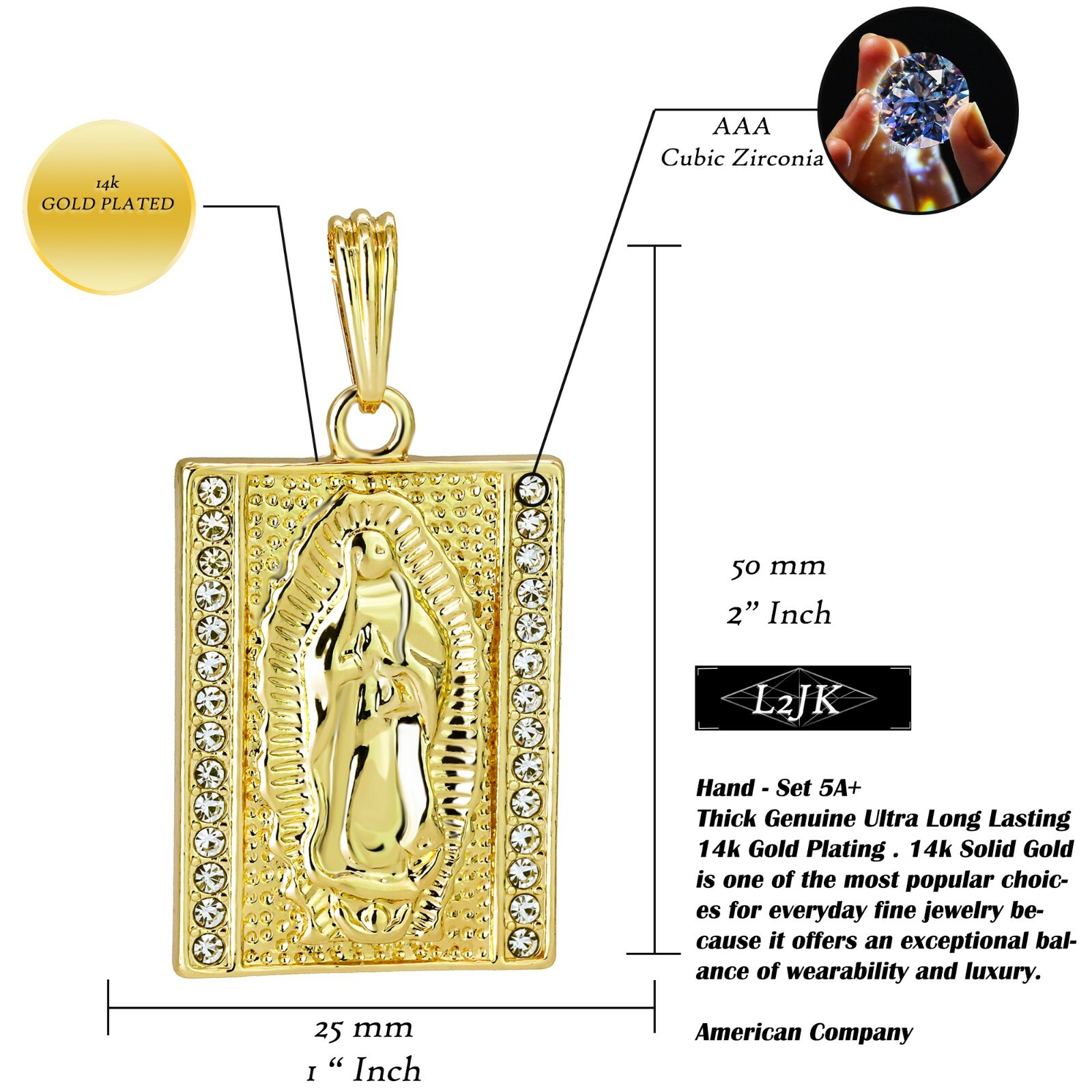 Virgin Mary Pendant 24″ Cuban Chain 14k Gold Plated Square Cubic Zirconia HipHop