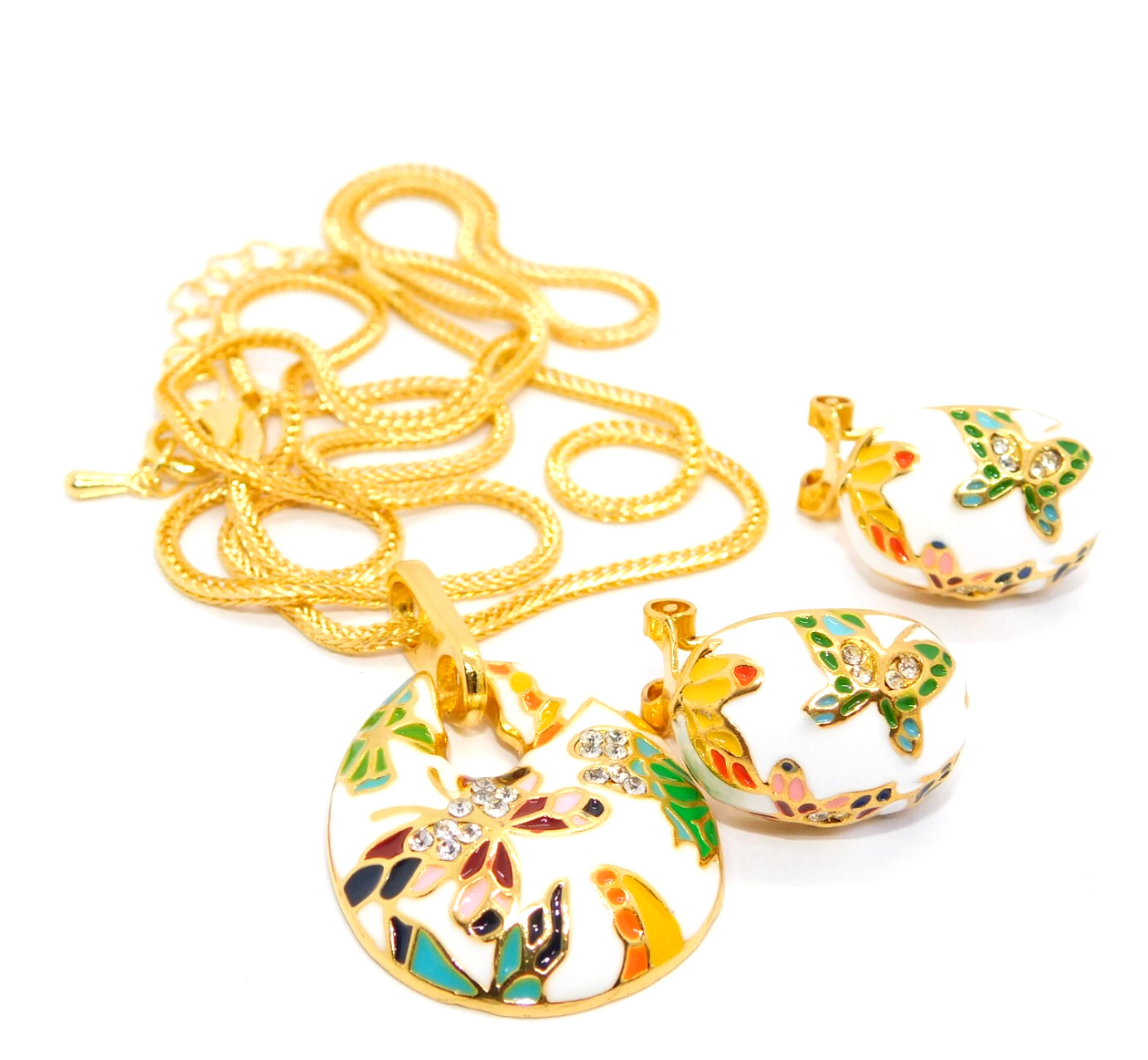 Colorful Butterfly Pendant Necklace and Earrings Set Gold Plated Enamel Jewelry