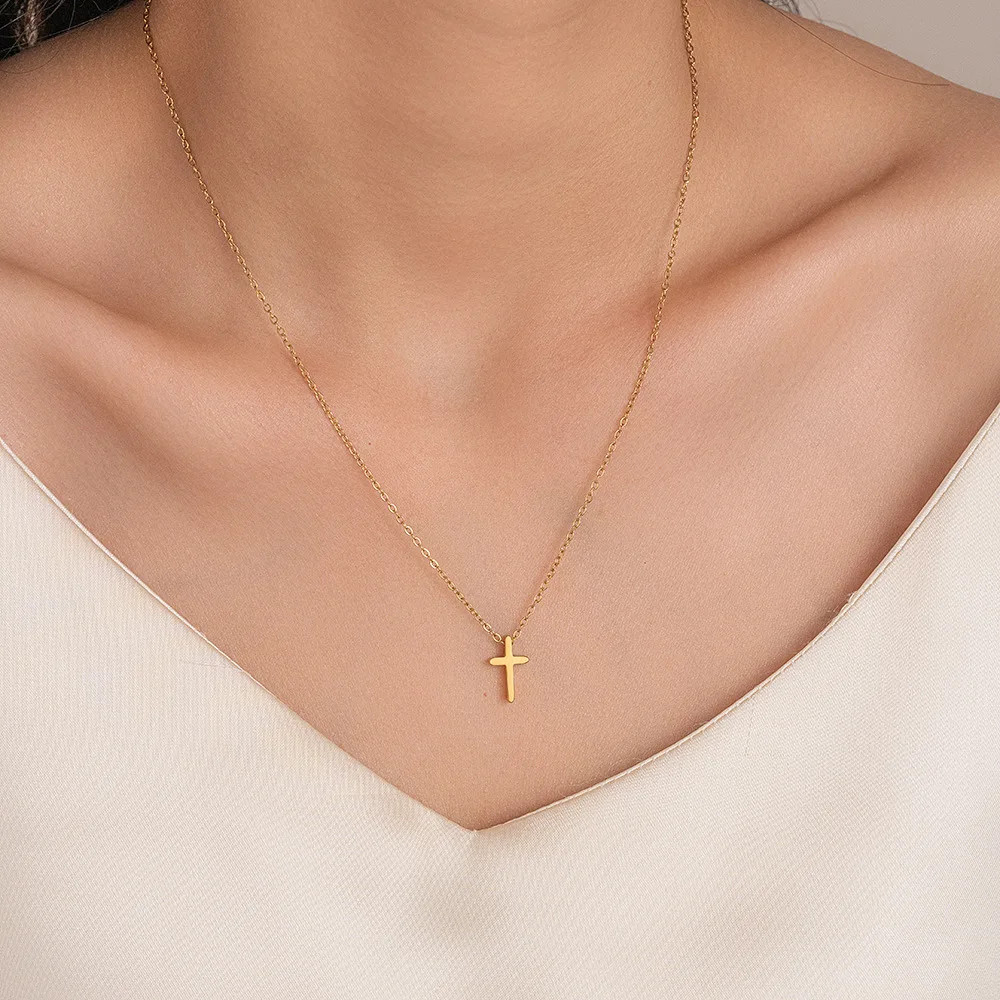 18K PVD Gold Plated Stainless Steel Cross Necklace for Women, Simple Dainty