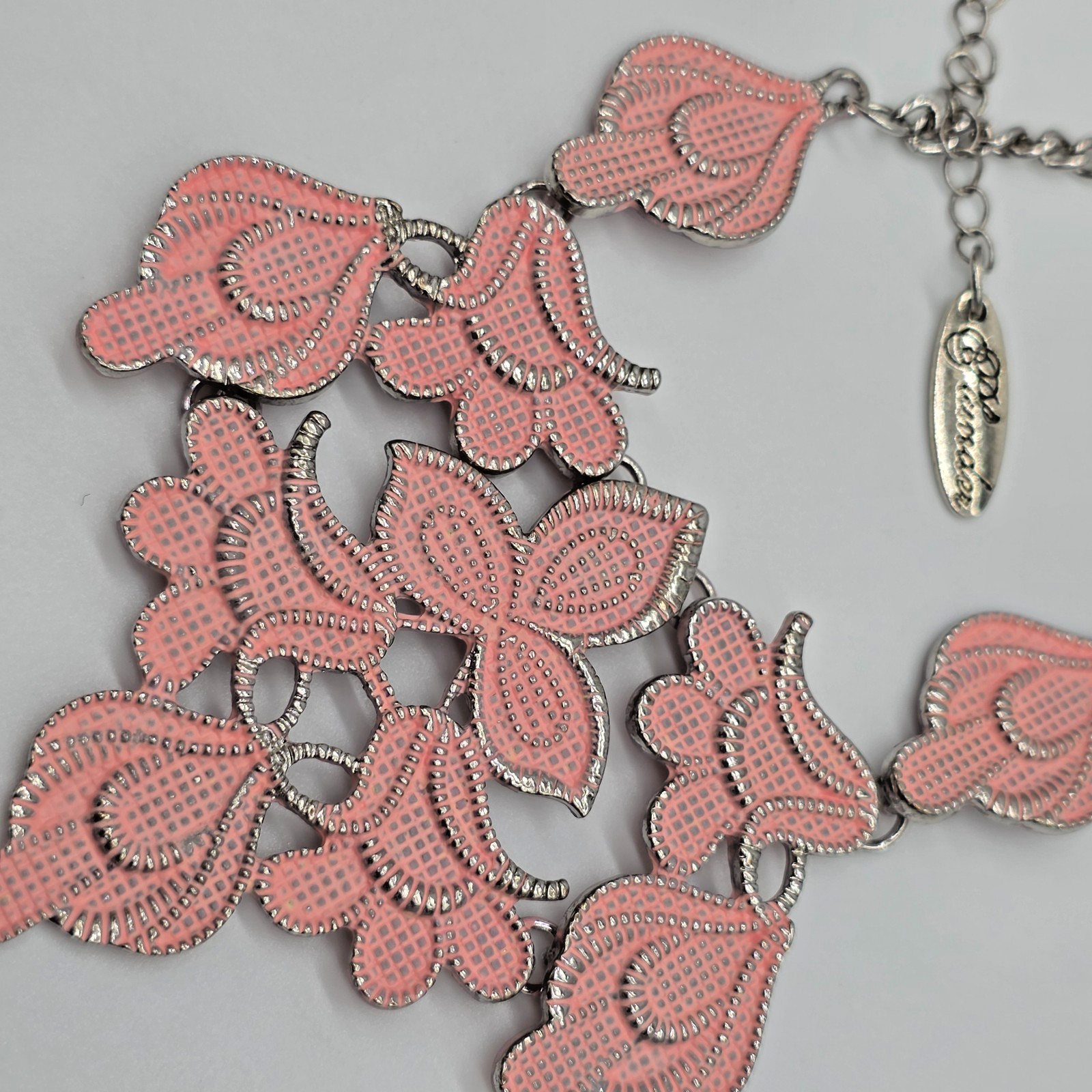 Plunder SUE Silver Cuban Link Soft Pink Floral Bib Bohemian Statement Necklace