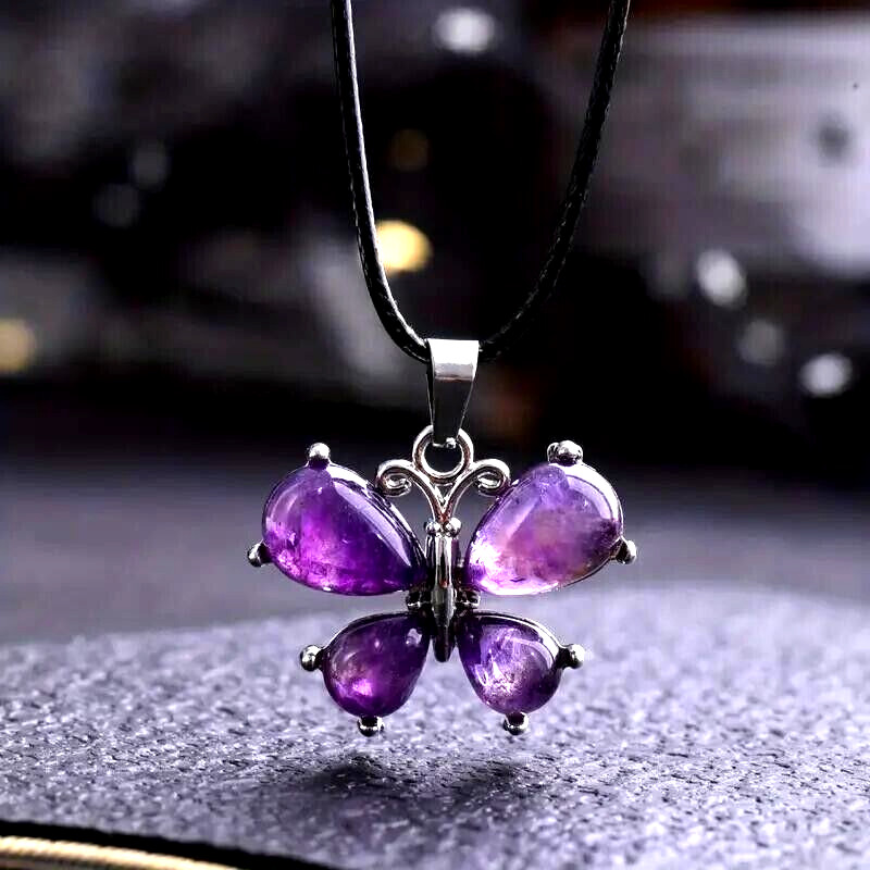 Natural Amethyst Stone Butterfly Necklace Pendant Healing Stone Gemstone Gift