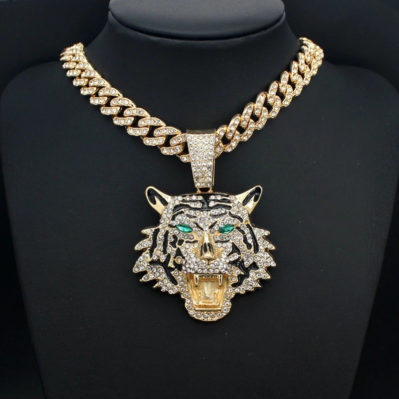 Hip Hop Iced CZ Tiger Pendant Necklace Crystal Cuban Chain Fashion Charm Jewelry
