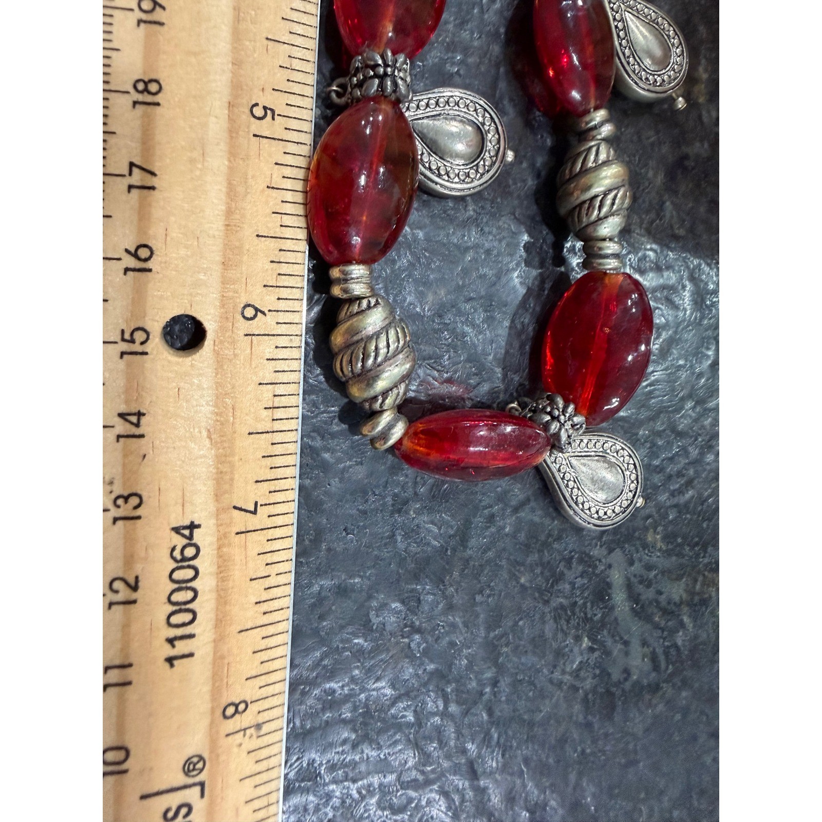 Boho Red Oval Bead Statement Necklace Antiqued Silver Tone Teardrop Charms