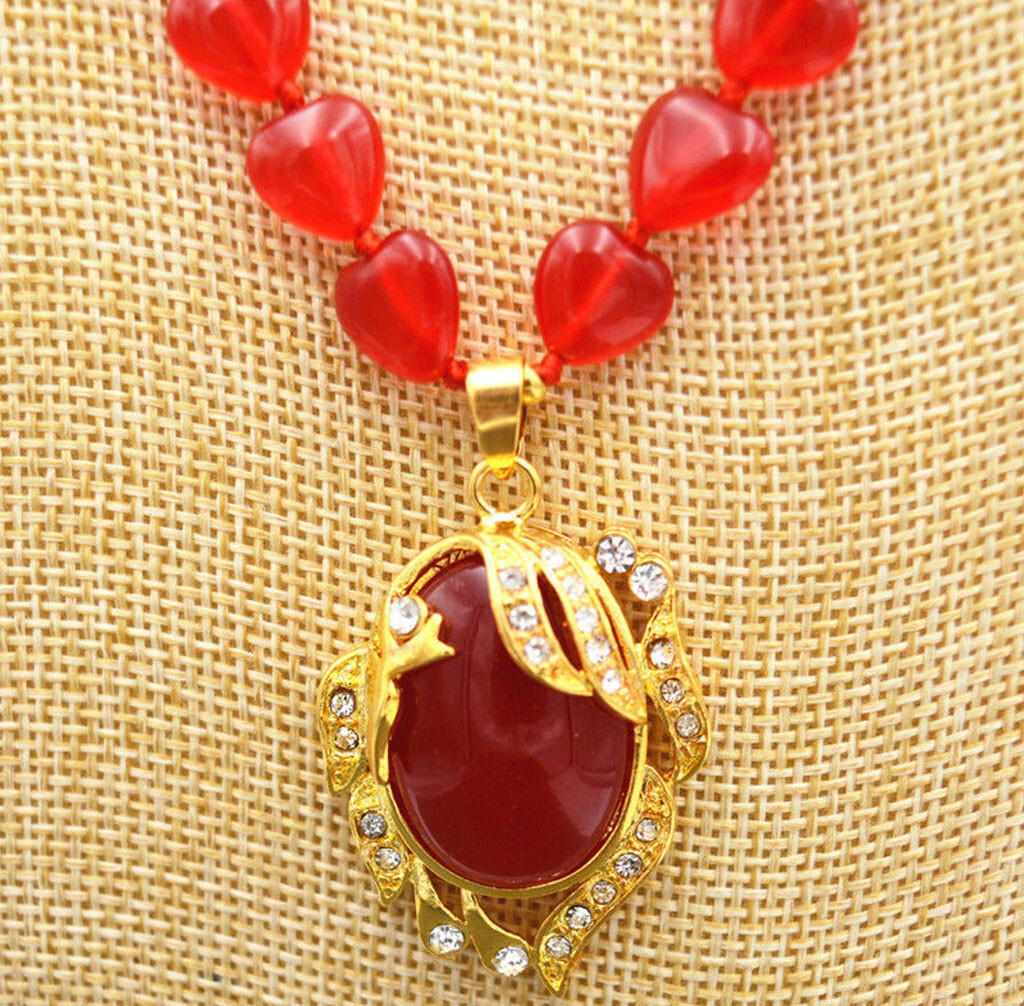 Beautiful 12mm Red Jade Heart-shaped Beads 18x25mm Oval Pendant Necklace 14-32”