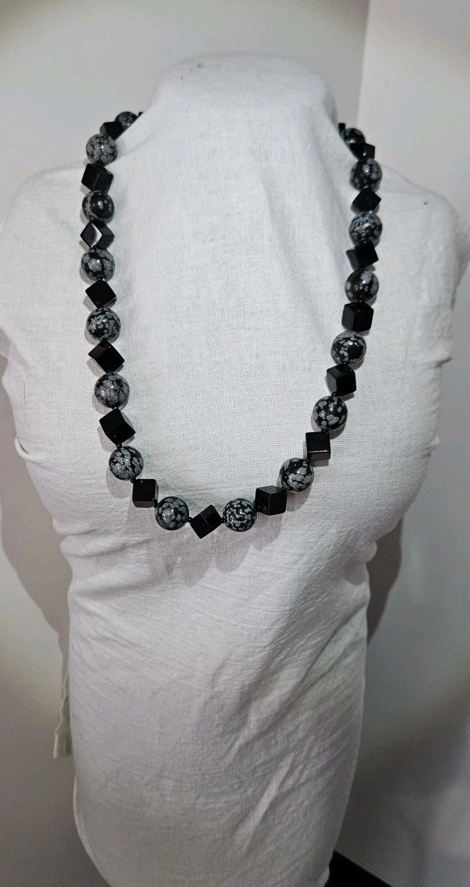 Black onyx and snowflake obsidian cube and round beaded necklace