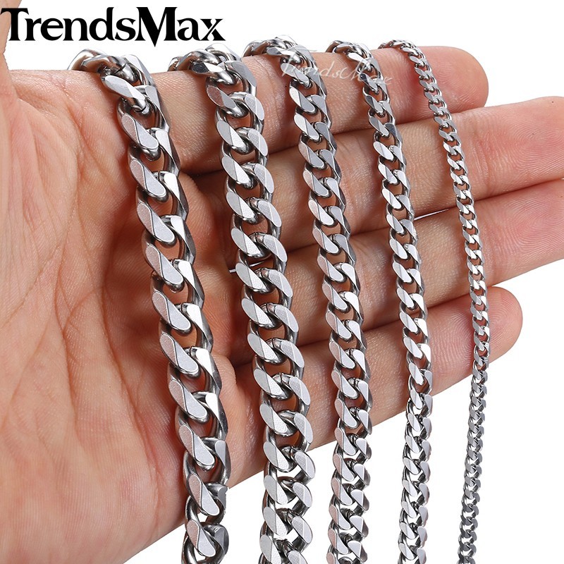 16-36″ Stainless Steel Silver Chain Cuban Curb Womens Mens Necklace 3/5/7/9/11mm