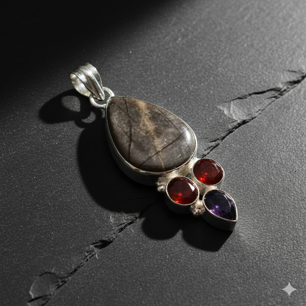 Natural Picasso Jasper Sapphire Garnet Pendant 2.44″ Handmade Ethnic Statement