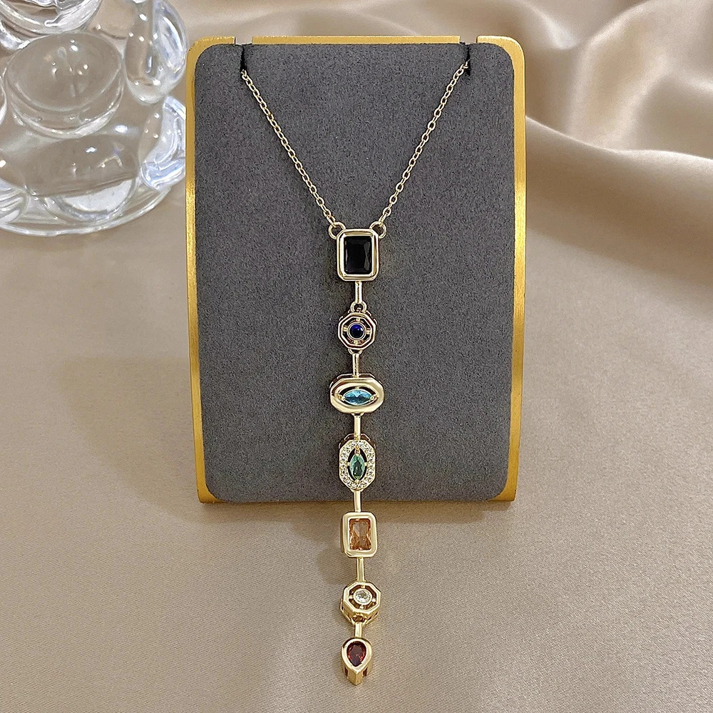 Vintage Geometric Colorful Zircon Long Pendant Necklace for Women Gold Plated