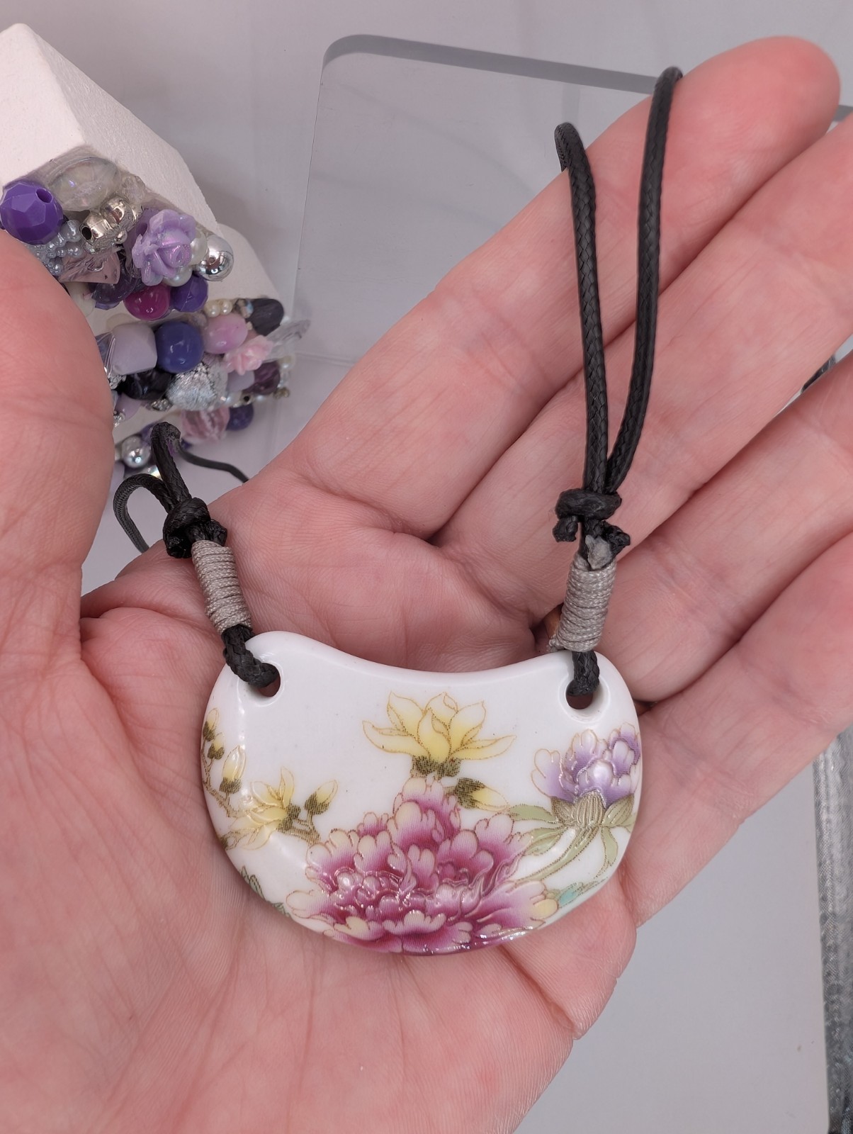 Crescent floral print white ceramic pendant adjustable cord NONE METAL Necklace