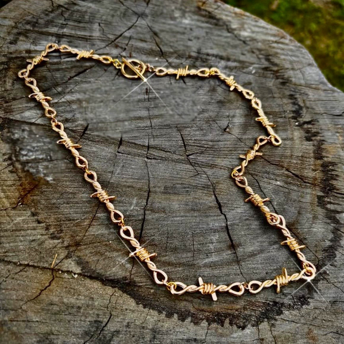 Gold Tone Plated Barbwire Stainless Steel Necklace w/ Lobster Clasp Closure