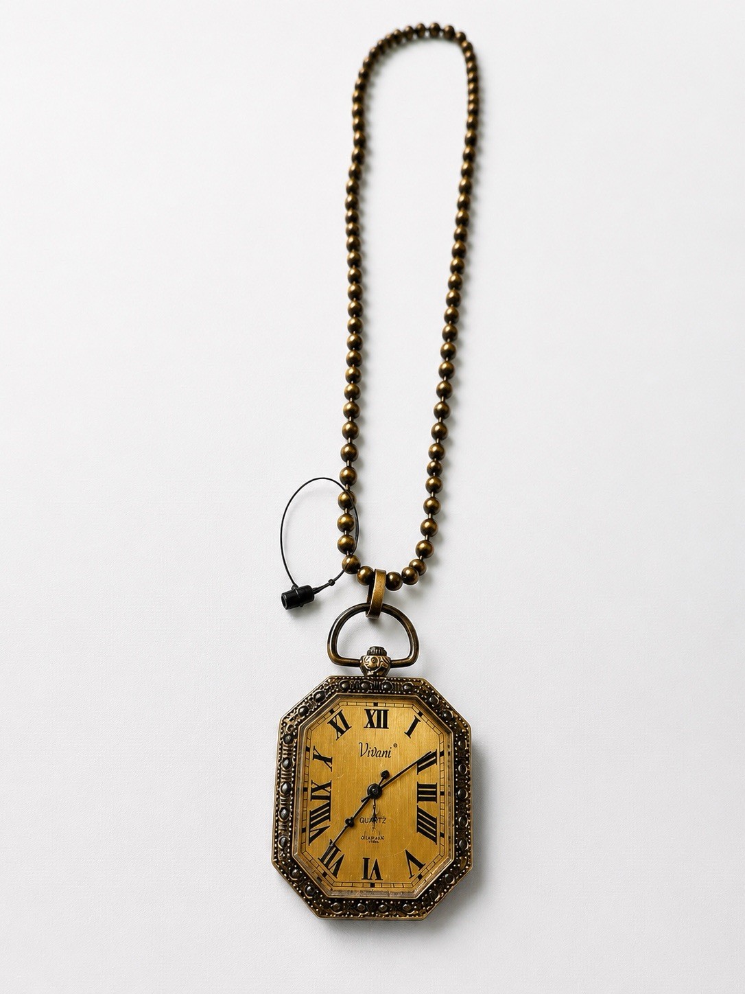 Vivani Quartz Japan Gold Tone Octagon Pocket Watch Necklace Roman Numeral VTG