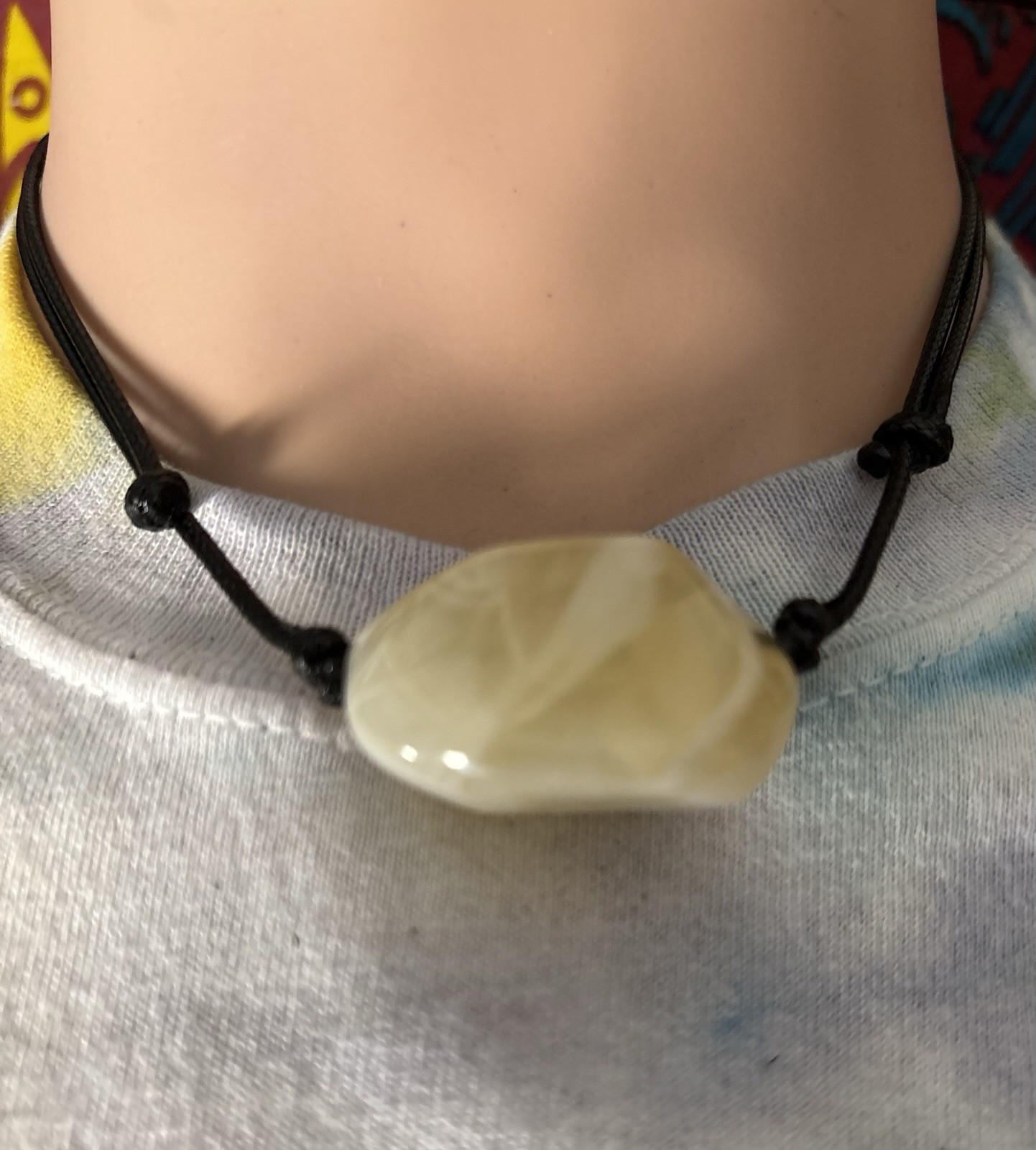 Black Cord Necklace Oval White Plastic Charm Pendant Bezel Adjustable Tie