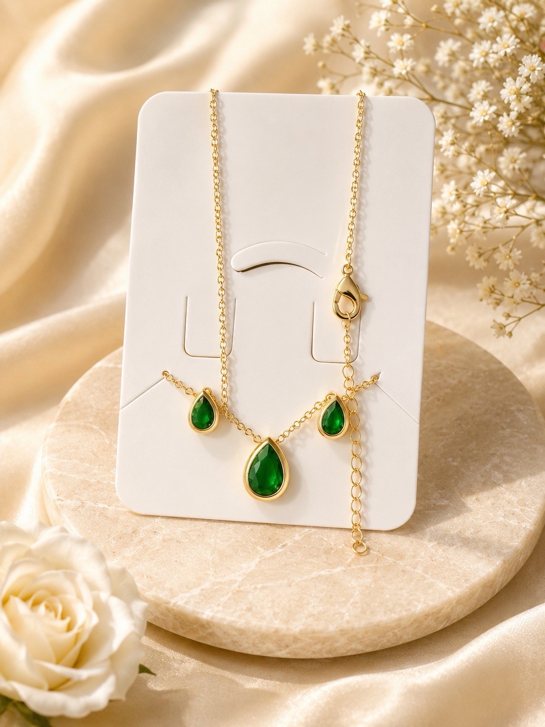 Gold Filled Teardrop Green Stone Necklace and Stud Earring Set