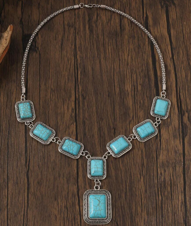 WESTERN-4Pcs Bohemian Retro Set, Faux Turquoise Necklace, Bracelet, and Earrings