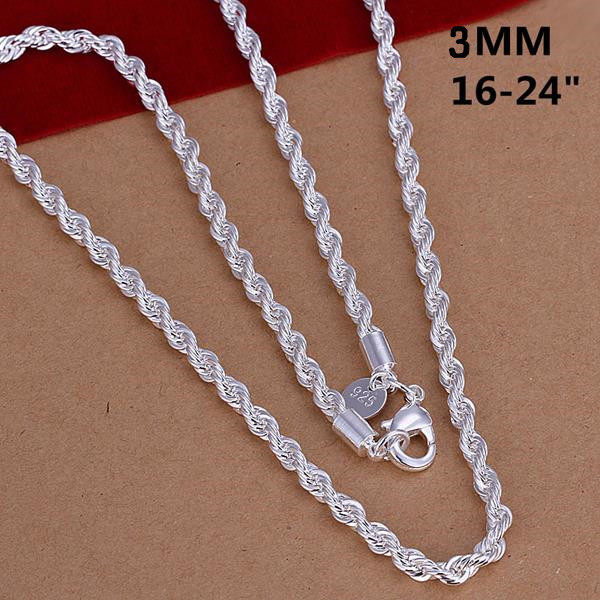 16″ – 24″ Mens Womens 925 Sterling Silver 3mm Twisted Rope Chain Necklace #N151