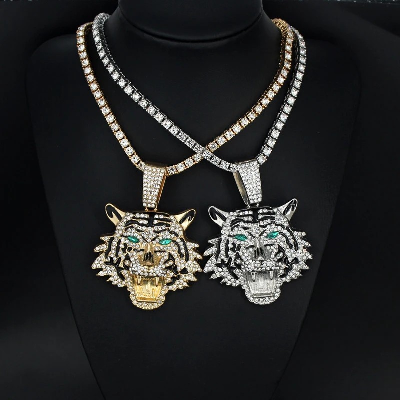 Hip Hop Iced CZ Tiger Pendant Necklace Crystal Cuban Chain Fashion Charm Jewelry