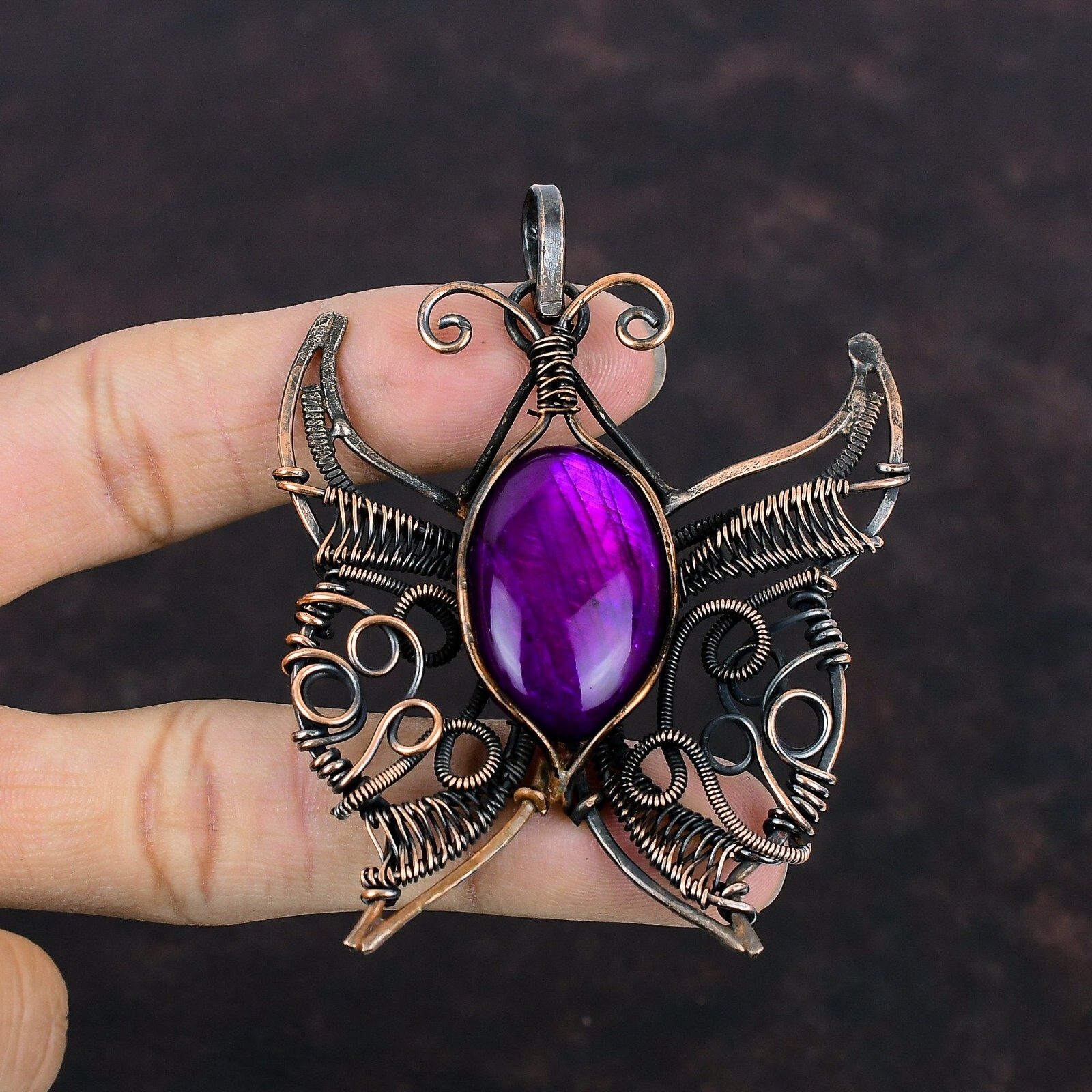 Purple Fire Labradorite Wire Wrapped Butterfly Handcrafted Copper Unique 3.15″