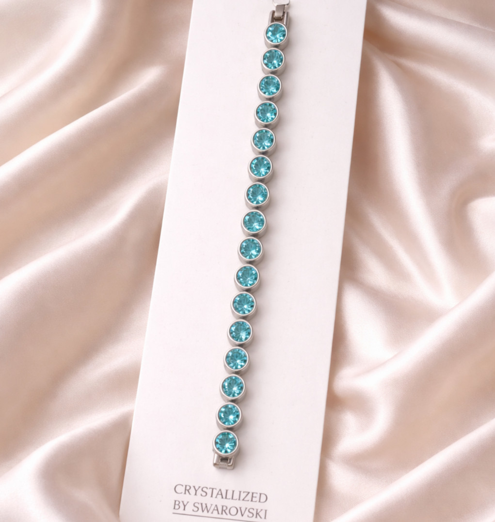 Swarovski Crystal Tennis Bracelet – Aqua Blue Stones, Silver Tone Elegant