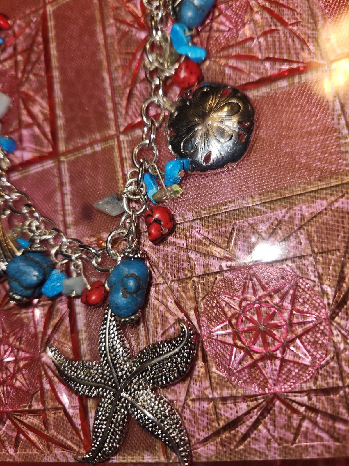 Silver Starfish Seashell Charm Necklace Turquoise Stone Coral Beads