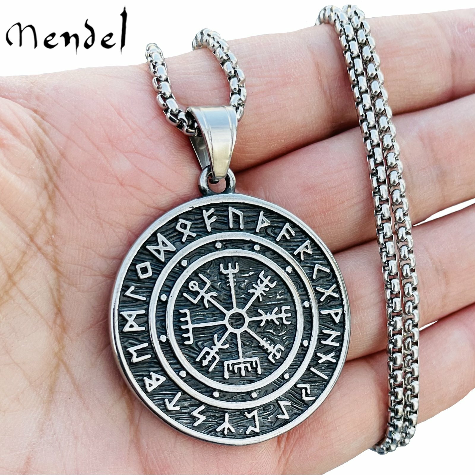 MENDEL Norse Viking Compass Vegvisir Rune Pendant Necklace Sigil Stainless Steel