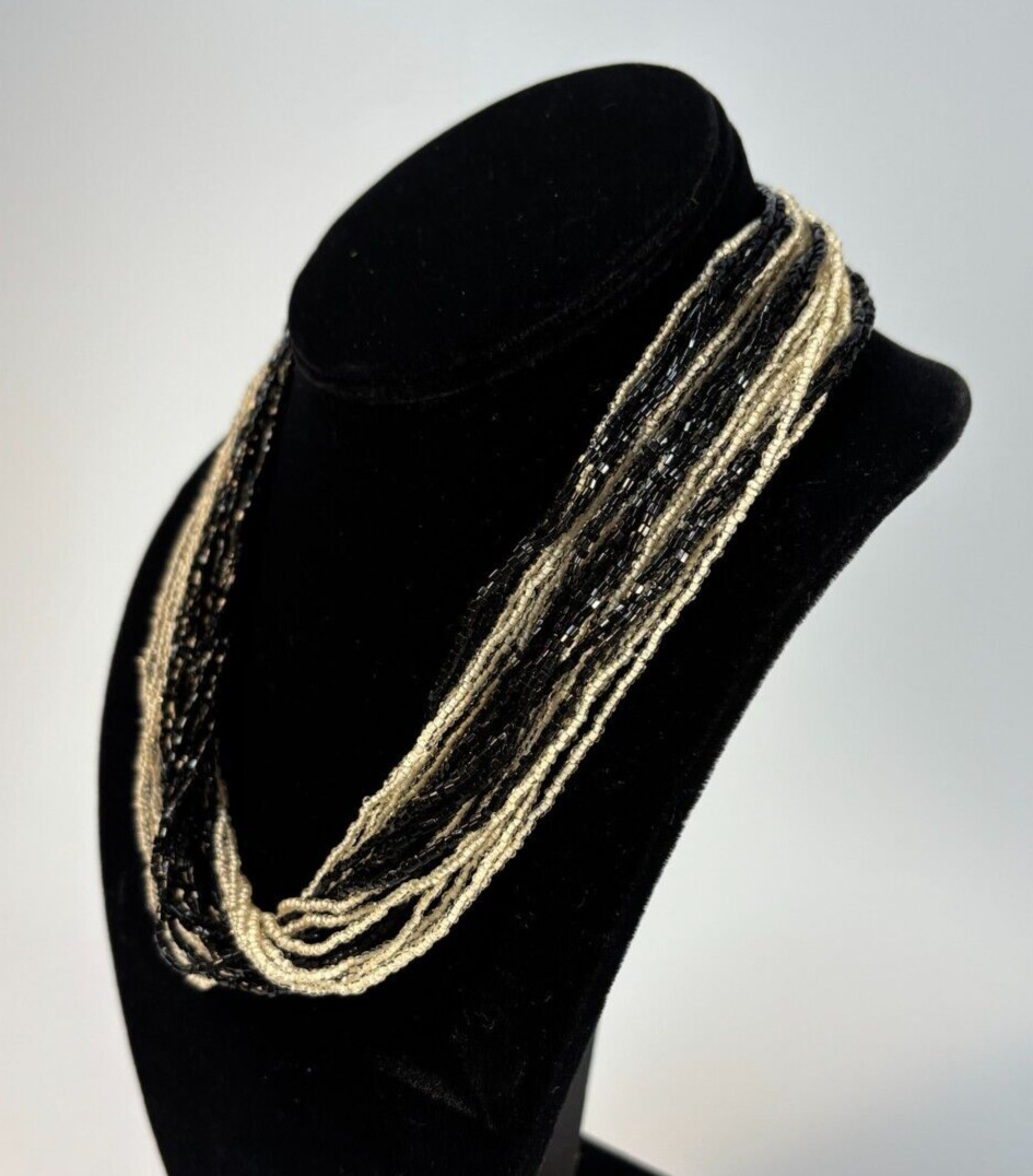 Necklace Black and White Statement Piece 16 in Dramatic Glass Seed Bead