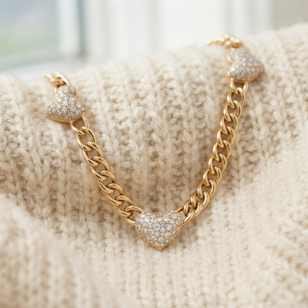 Gold Tone Heart Chain Necklace with CZ Pave Heart Charm Women’s Statement Jewel