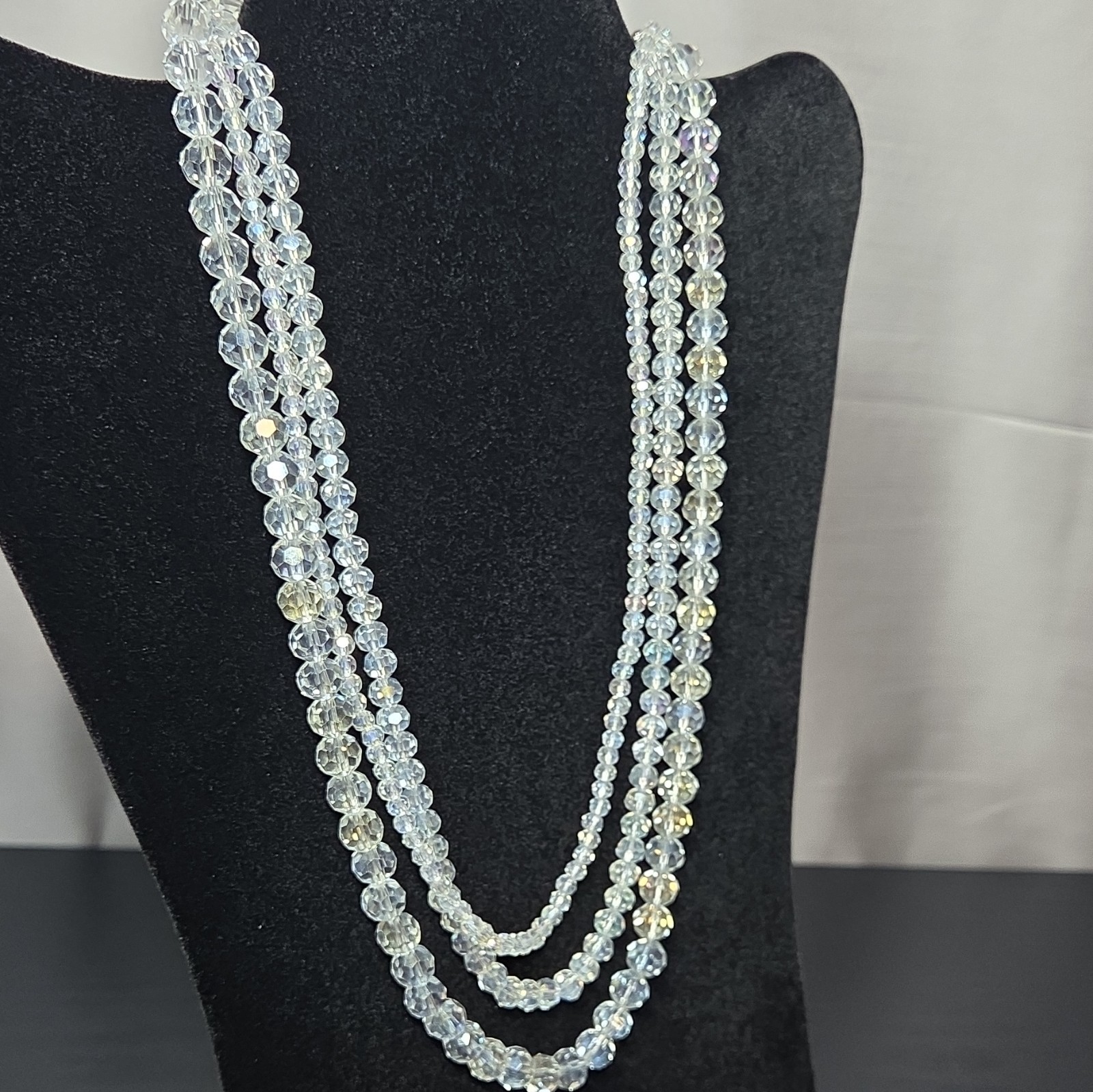 Lot of 3 Gold Tone Multi-Strand Beaded Necklaces Crystal & Glass Clear Gray