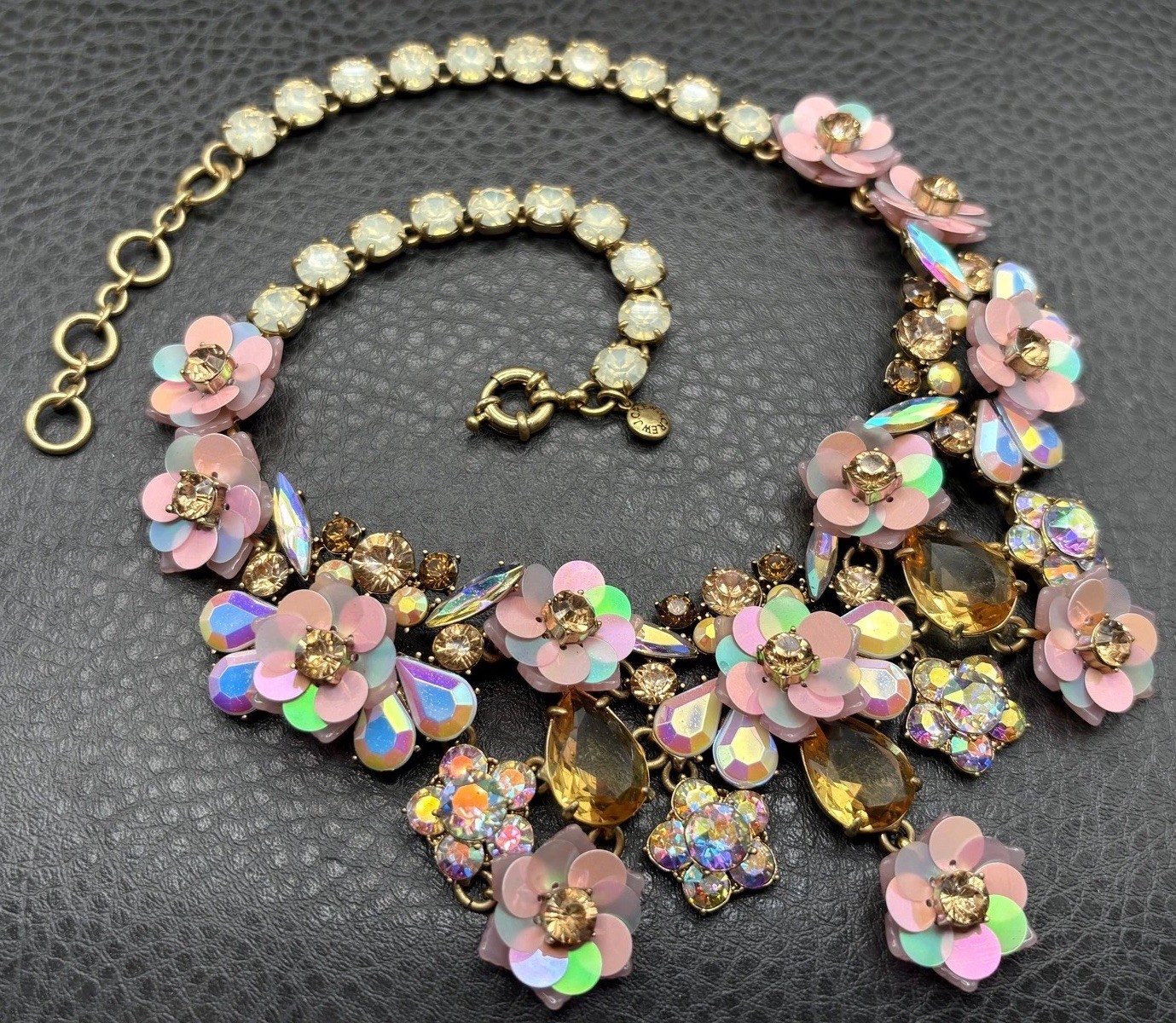 J Crew Amazing Floral Statement Bib Necklace Iridescent Pink Flowers Rhinestones