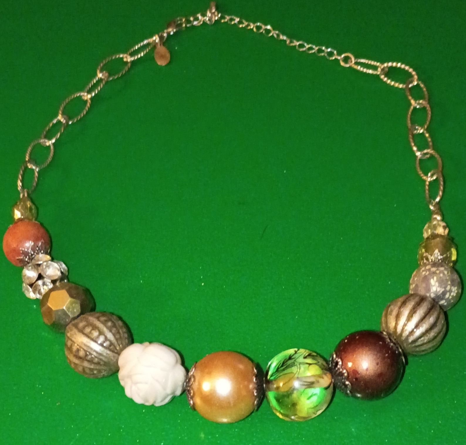 Gold Tone Cable Chain Multicolor Beaded Necklace, Adjustable, Lobster Closure