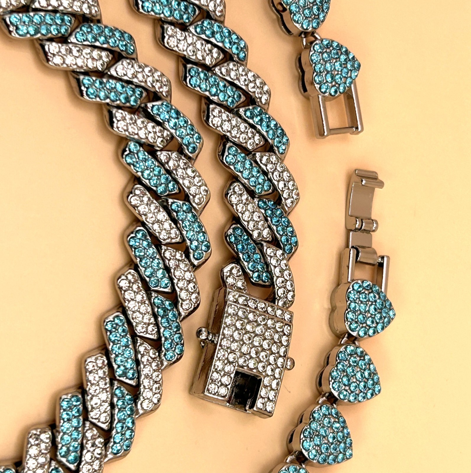 Blue Rhinestone Cuban Link & Heart Chain Necklace Set Statement Jewelry