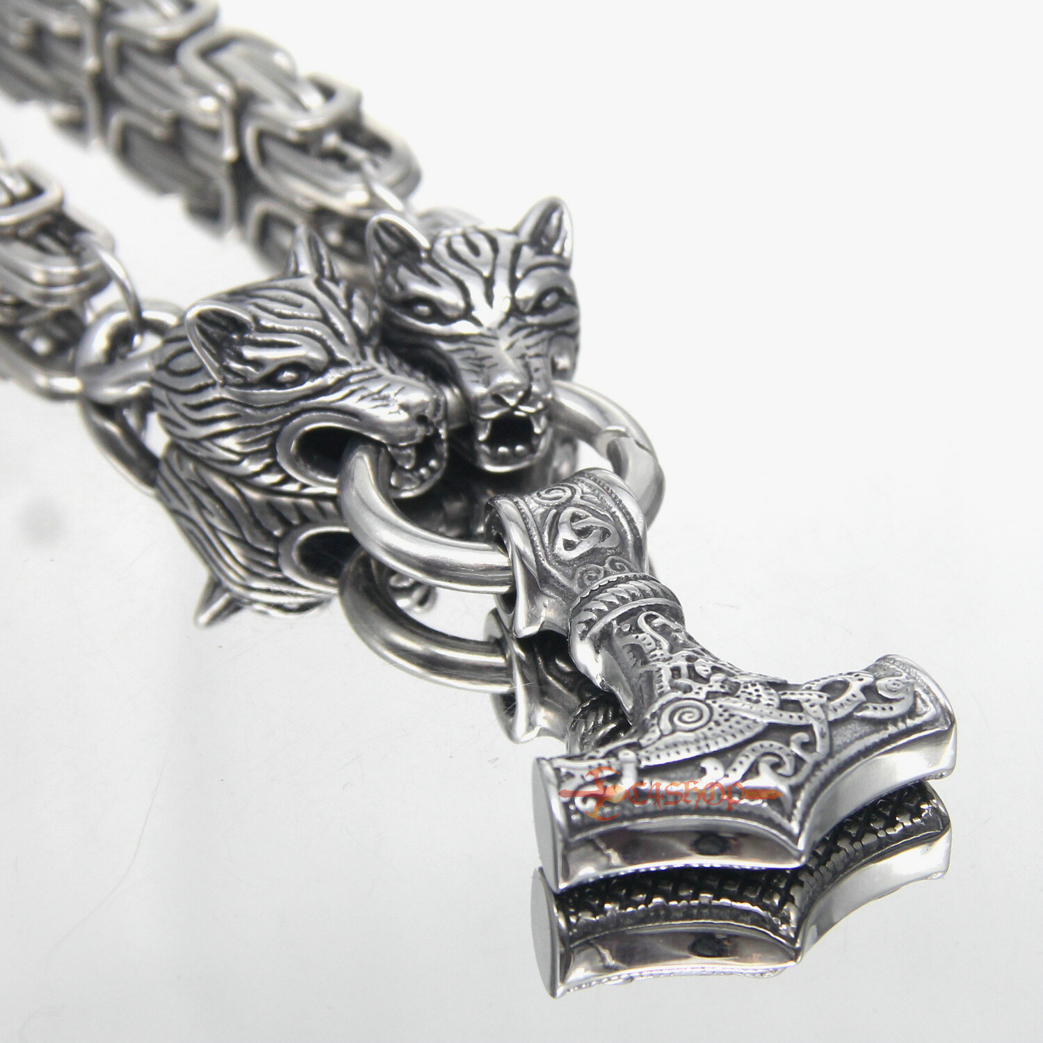 Men’s Wolf Head Thors Hammer Mjolnir Vikings Pendant Necklace 5/8mm King’s Chain