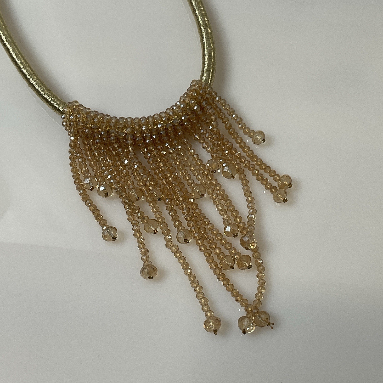 Statement Waterfall Necklace Pink Champagne Glass Bead Fringe 16–18 Inch