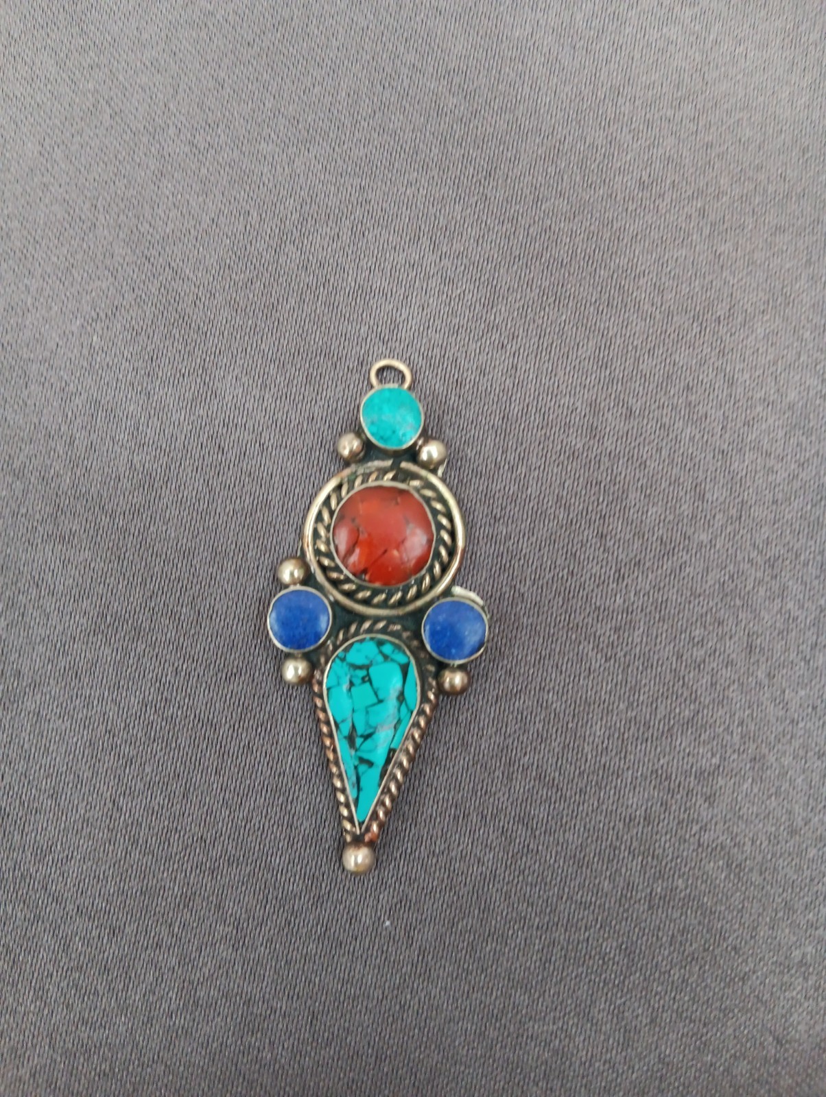 TURQUOISE, CORAL & BLUE LAPIS GEMSTONE HANDMADE TIBBITAN SILVER PENDANT