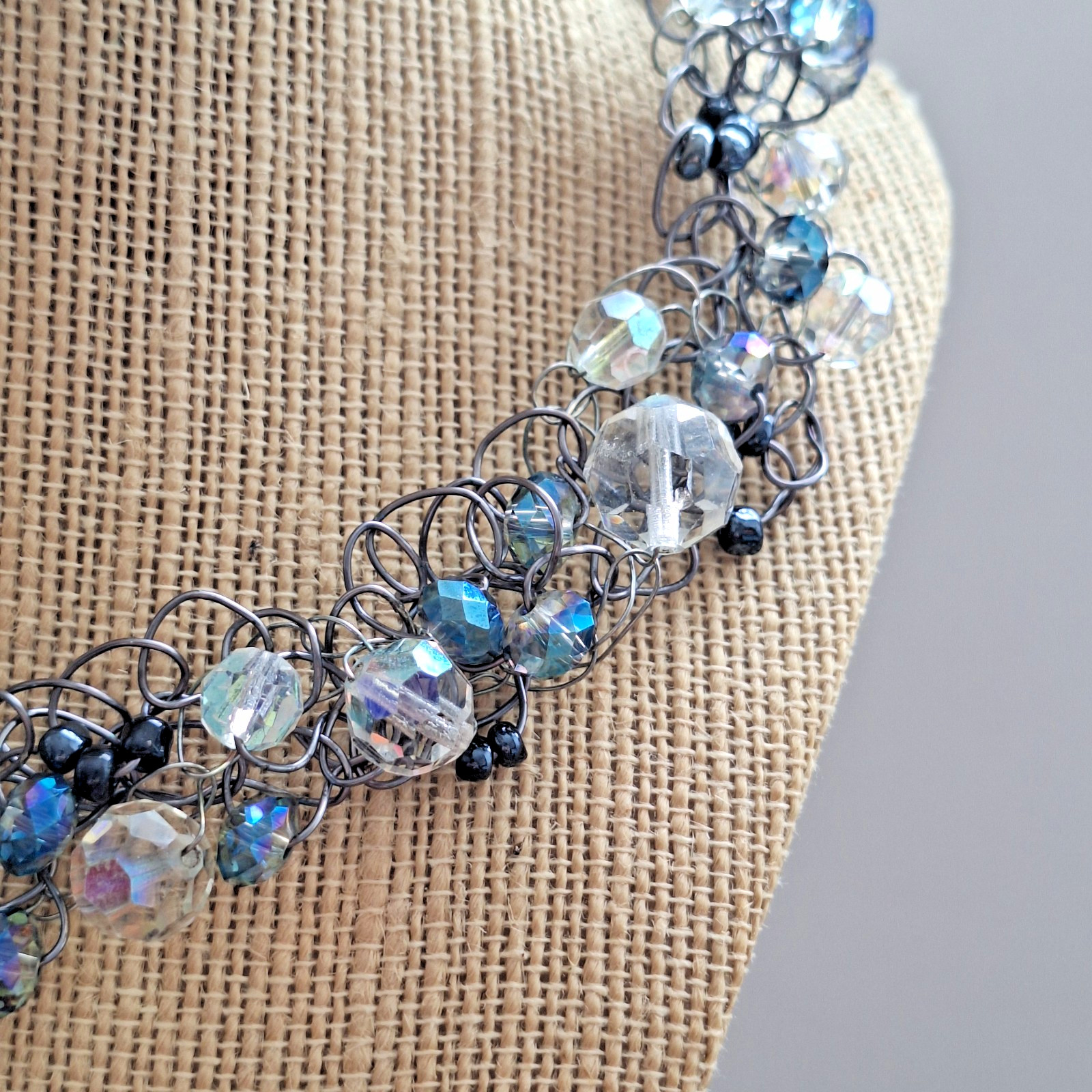 Handmade Glass Necklace Ab And Clear Beads Bib Chocker Adjustable Necklace 18.5″