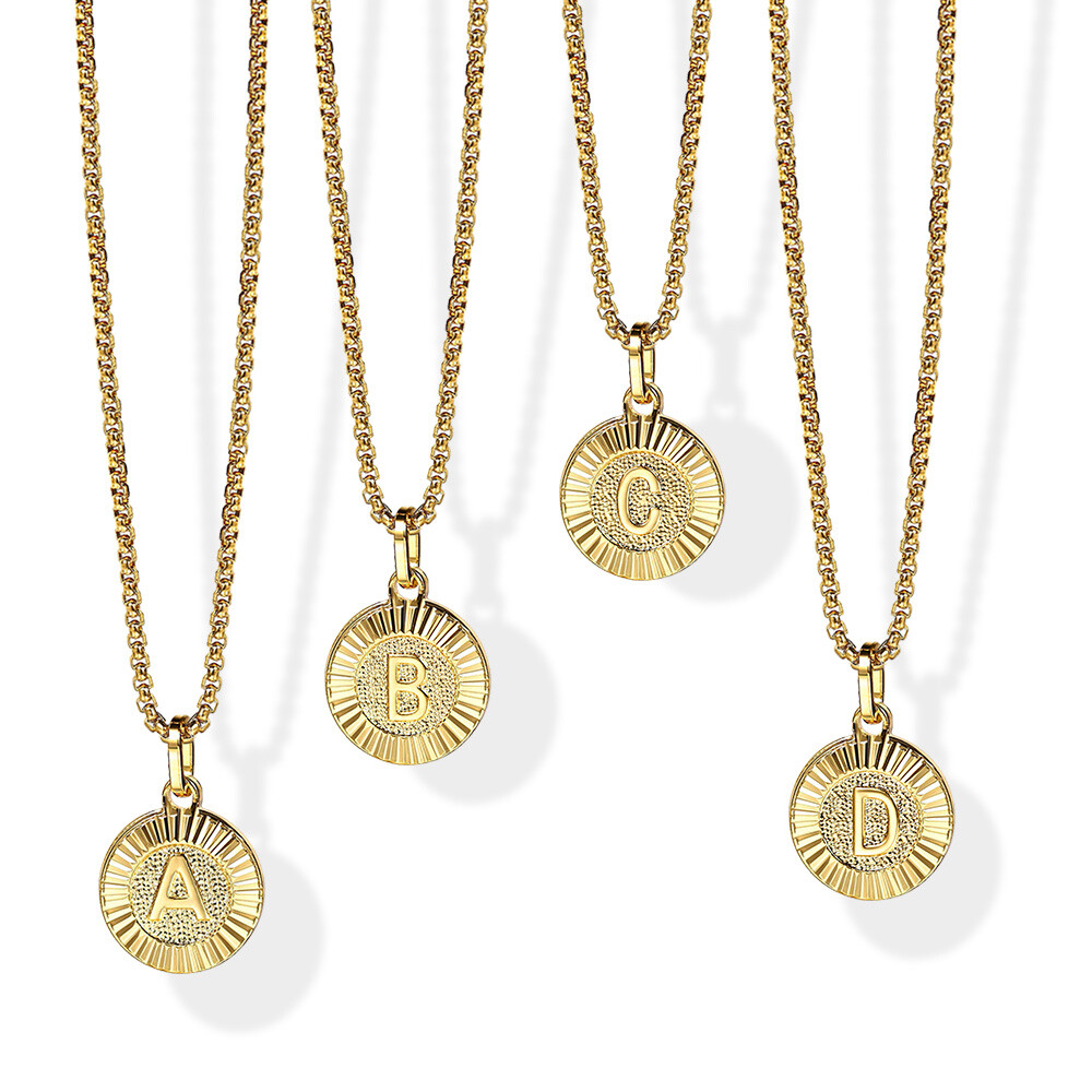 Round Gold Plated Initial Letter Necklace Pendant Stainless Steel 18/20/22″ Link