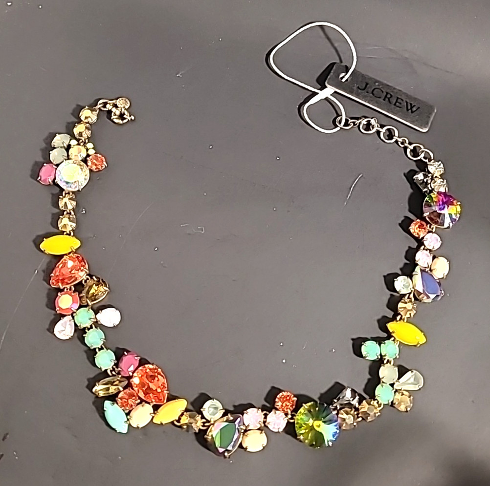 J Crew Melange Statement Necklace Multicolor Crystal Rhinestone Silver Tone 18″