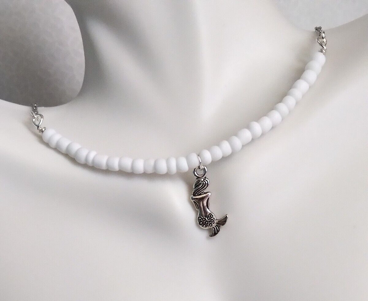 Silver Tone Mermaid Charm White Glass Bead Necklace Handmade Beach Boho Chic